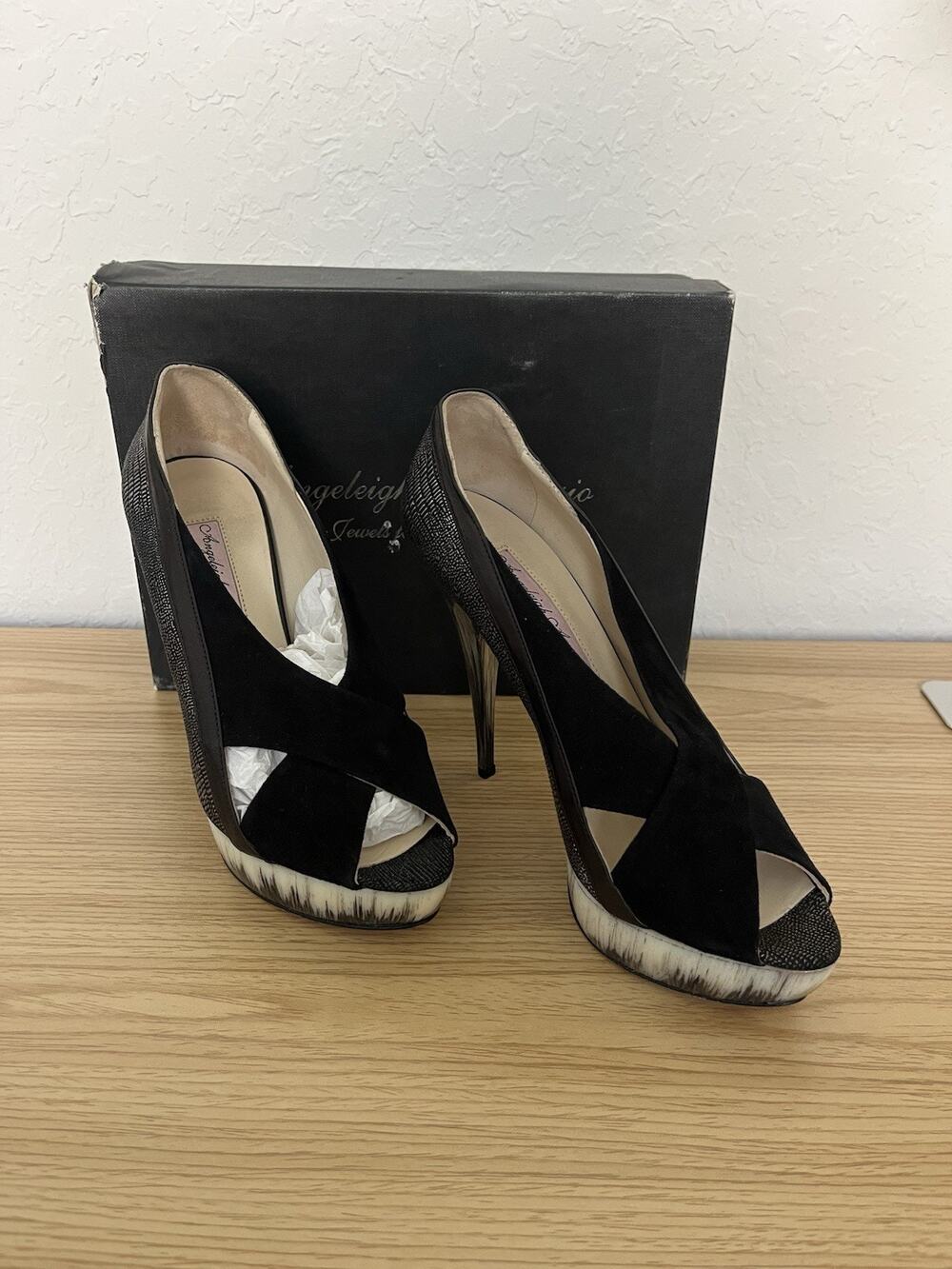ANGELEIGH ANASTASIO Black Leather Peep Toe Platform Stiletto Sz 7.5
